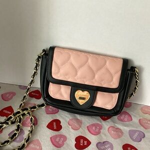 Betsey Johnson Black and Pink Quilted Heart Crossbody